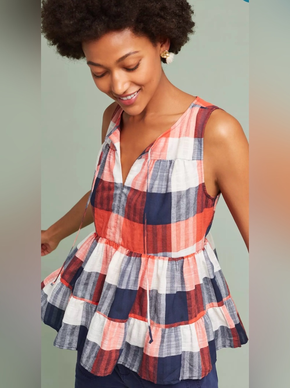 11-1 TyLho Anthropologie Plaid Tiered Flowy Babydoll Top Small Boho Cottagecore